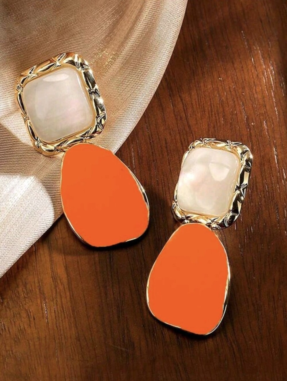 Gold Tone Cream & Orange Drop Earrings